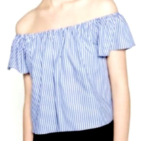 ZARA BASIC COLLECTION Nautical Blue White Stripes Over Shoulder Crop Top Large - Picture 3 of 15
